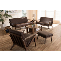 Baxton Studio Bianca-Dark Brown/Walnut Brown-4PC-Set Bianca Mid-Century Modern Walnut Wood Dark Brown Distressed Faux Leather Livingroom Sofa Set